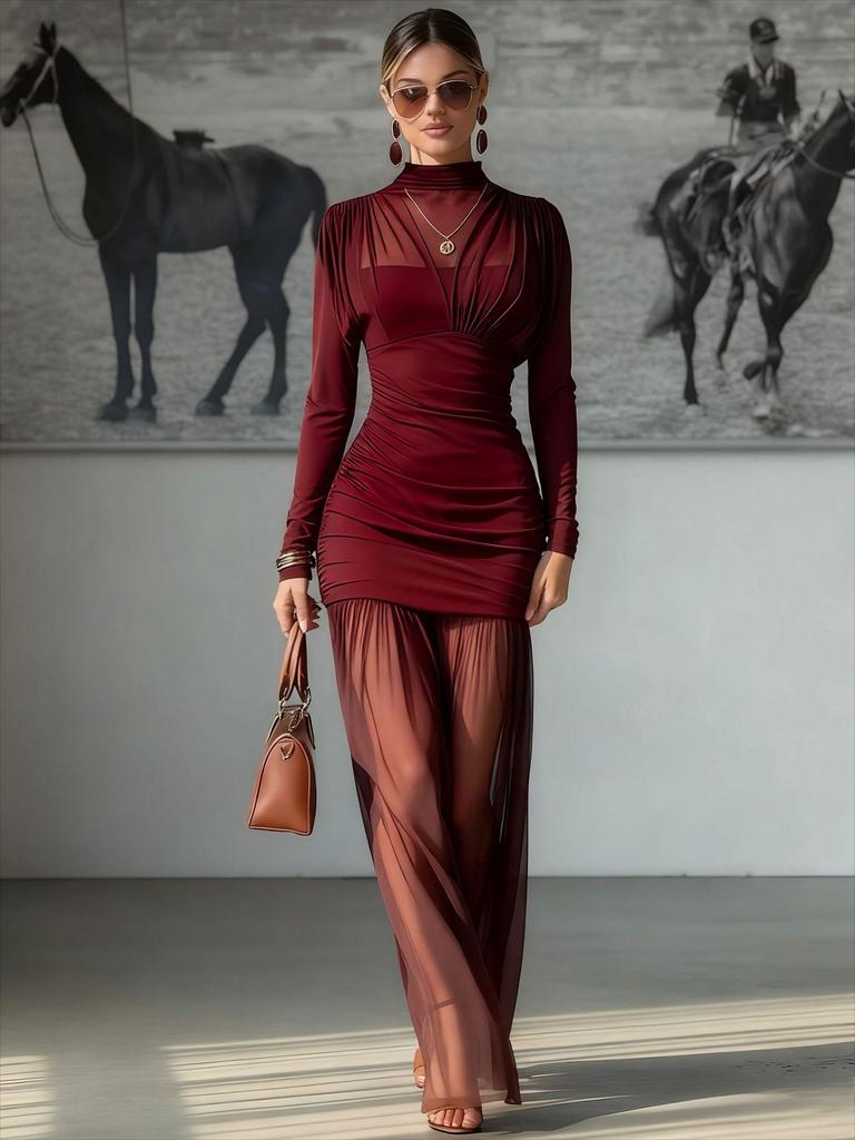 Autumn 2025 European & American Style Long Sleeve Slim Fit Patchwork Chiffon Dress