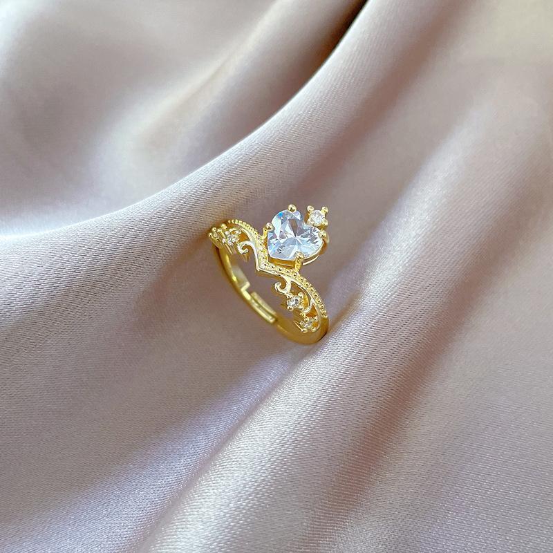 Real Gold Crown Love Full Diamond Ring Opening Adjustable Simple Jewelry Japanese Ring Couple Ring