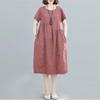 Real shot summer new literary loose splicing cotton and linen plaid round neck short-sleeved dress women's clothing medium and long