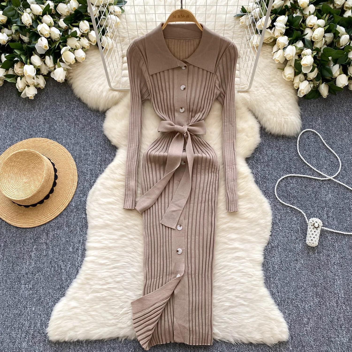 

Винтажное отложной воротник элегантное длинное рукав однобортное бандажное трикотажное платье облегающее корейская мода женская одежда осень-зима One Size хаки