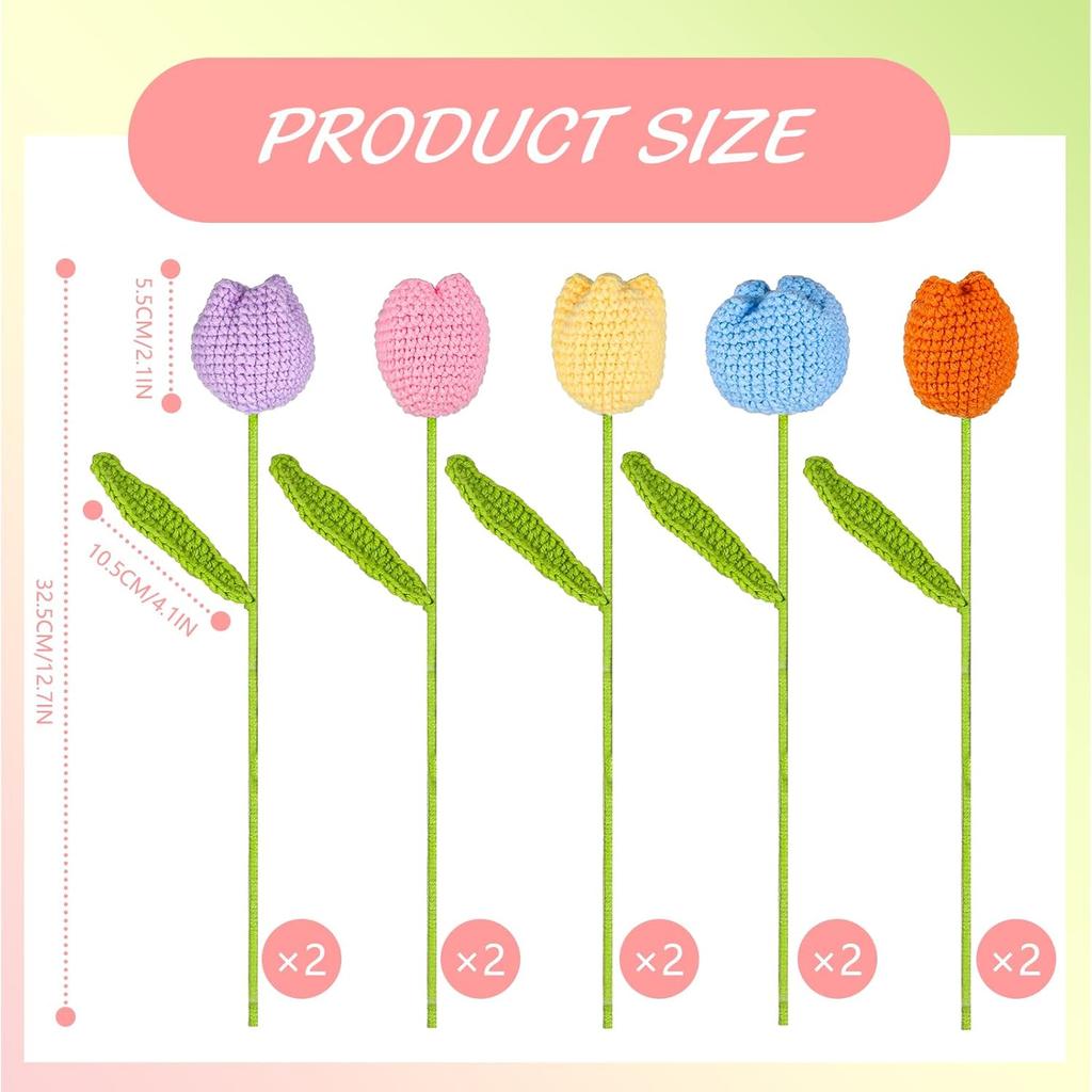 10 Pcs Crochet Tulips Flowers Artificial Flowers Bouquet Finished Handmade Knitted Tulip Bouquets with Leave and Long Stem for Home Centerpieces