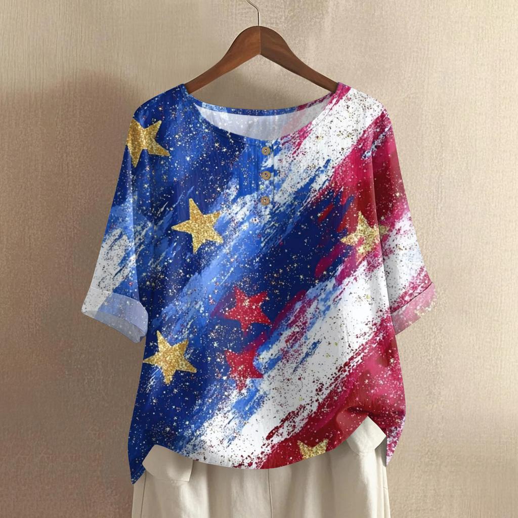 Women's Casual Pullover Top Loose Fit Mid Sleeve Crew Neck Vintage Print Lightweight Comfortable Shirt for Everyday Wear