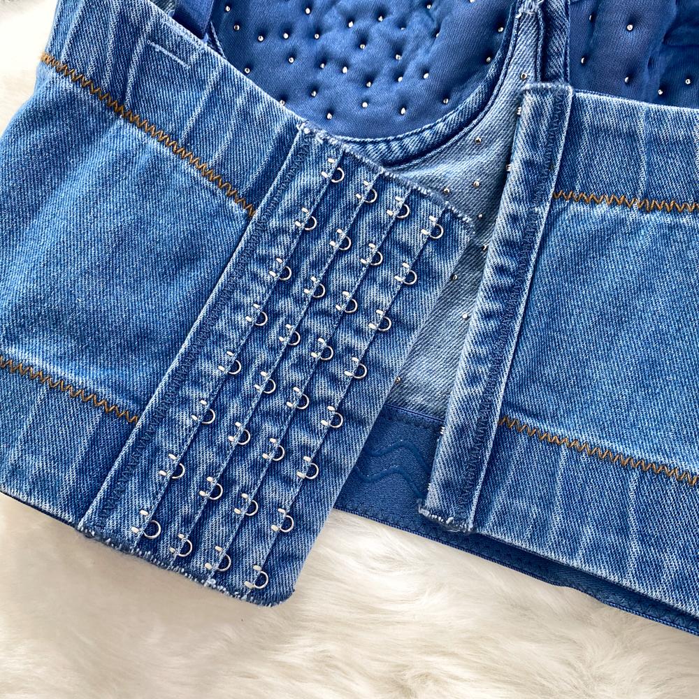 Vară Femei Sexy Curea Spaghetti Club Denim Sutien Cara De Lux Cu margele Perle Polo Dance Slim Shapewear