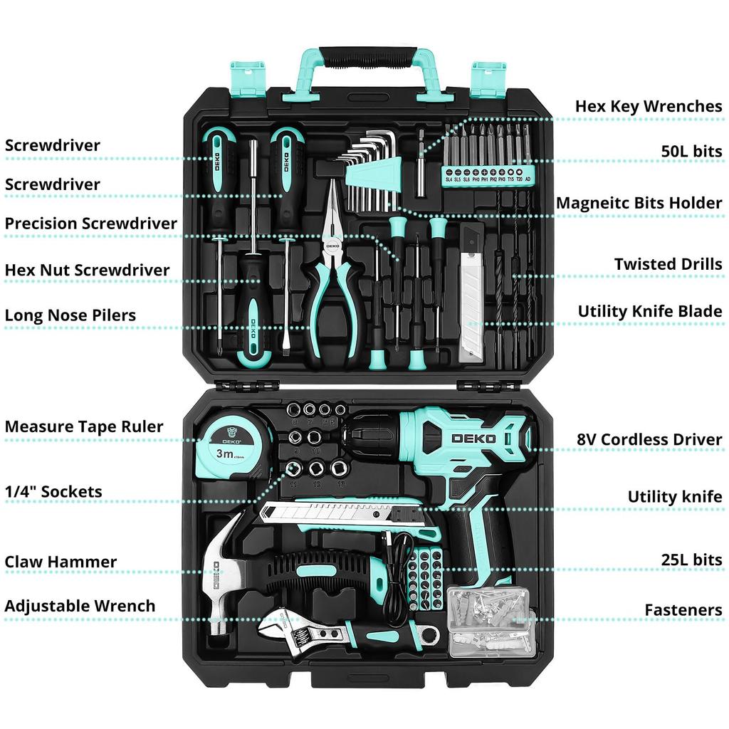 Tool Set with 8V Electric DIY Tool Power Tool Household Furniture Home Carpentry Tool Set with Convenient Storage Turquoise 126-Piece Drill, Set,
