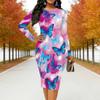 Plus Size Women Long Sleeve Round Neck Midi Dress Vibrant Butterfly Print Fitted Pencil Dress