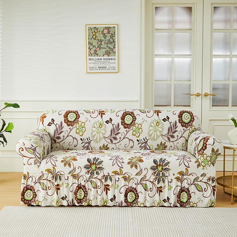 Floral Printed Elastic Sofa Cover With Skirt Hem Non-Slip Seat Cushion With Elastic Band All-Cover Couch Covers For All Seasons