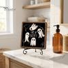 Autumn Festive Decor Halloween Wooden Table Sign, Cute Ghost Boo Plaque Sign with Rustic Fall Bathroom Metal Stand for Indoor Desk Shelf Home