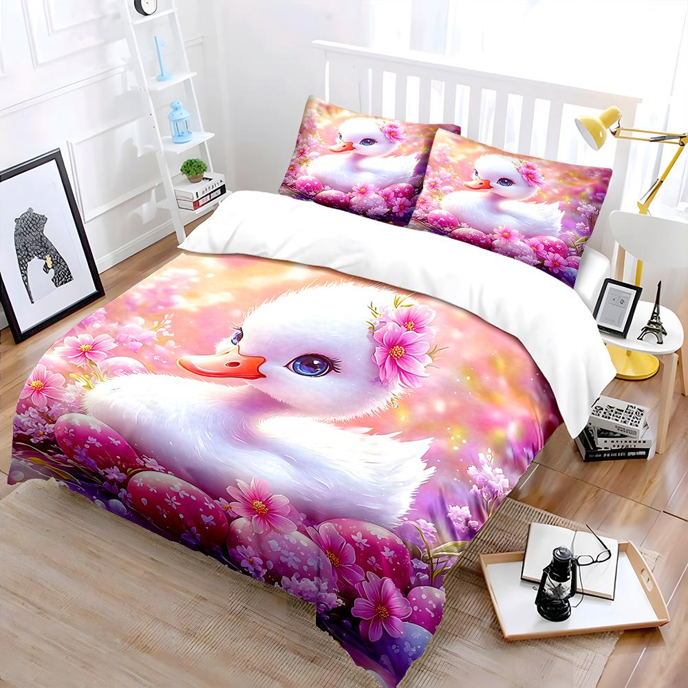 Cute duckling with pink flowers Print Bedding Set 1 Duvet Cover 2 Pillowcases for Adult and Children Luxury Gift Full Size