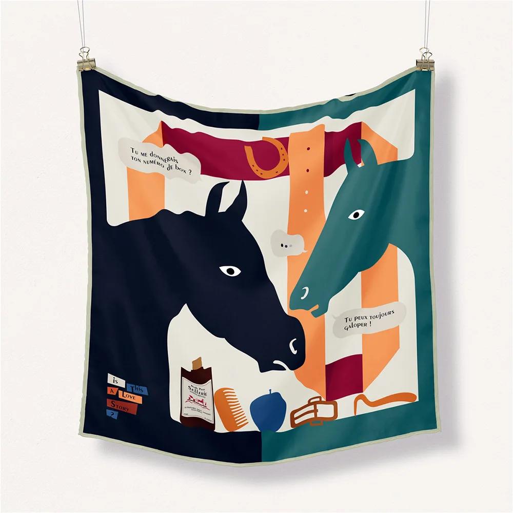 Luxury Horse Print Silk Square Scarf Women Spring Neck Tie Shawl Wraps Female Hair Hand Wrist Headkercheif Hijab Bandana