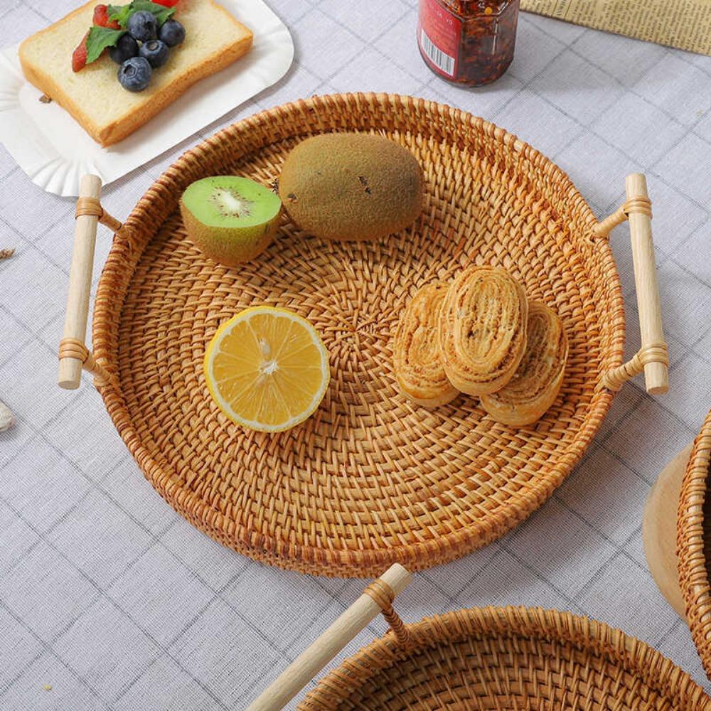 Fruit Basket Vine Woven Ear Tray High-capacity Mantou Baskets with Handle Living Room Household Storage Basket Bamboo Woven Tray