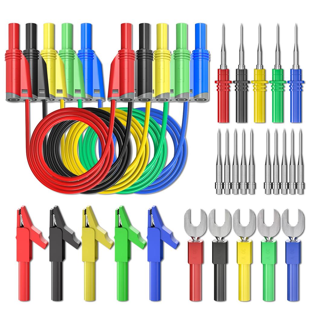 Cleqee Stackable Banana Plug Silicone Test Lead 4mm Stackable Banana Plug with Alligator Crocodile Test Forkback Probe Pin for Replaceable Test Set of