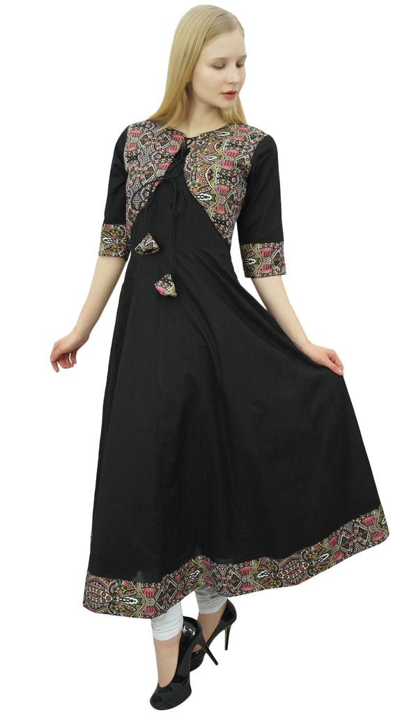 Phagun Womens Black Cotton Anarkali Jacket Style Kurti Designer Dress-10
