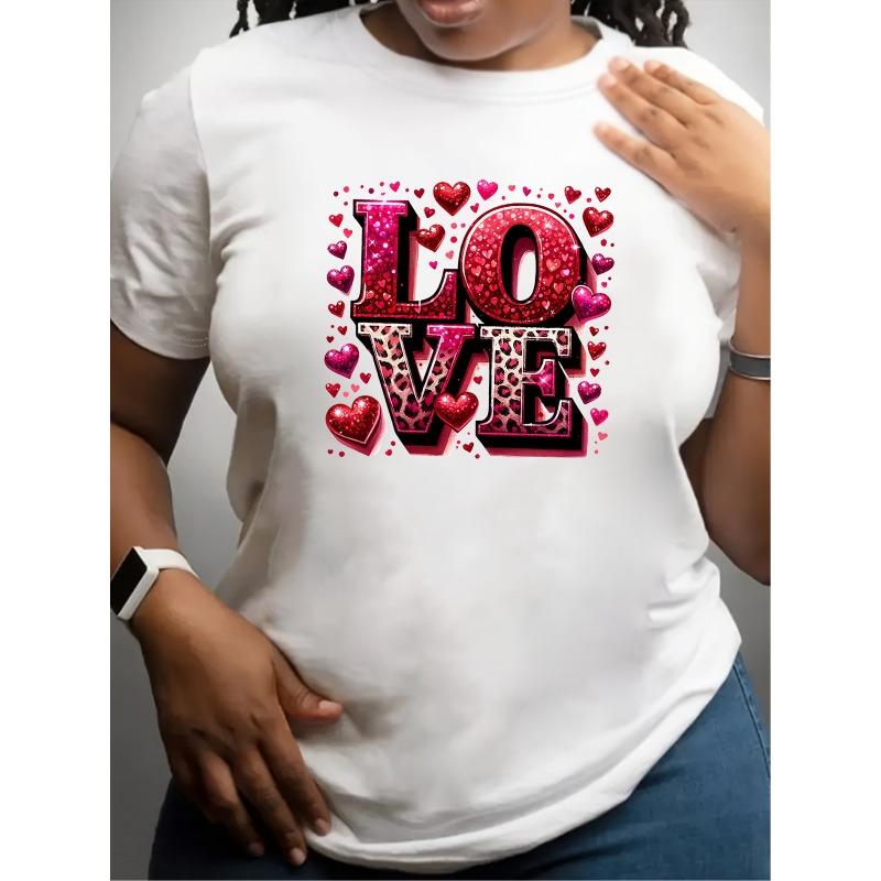 European Size Women's Casual Short Sleeve T-Shirt with LOVE Print&Pink Heart -Crew Neck Blouse,All-Season Comfortable Everyday Top,for Valentine's Day