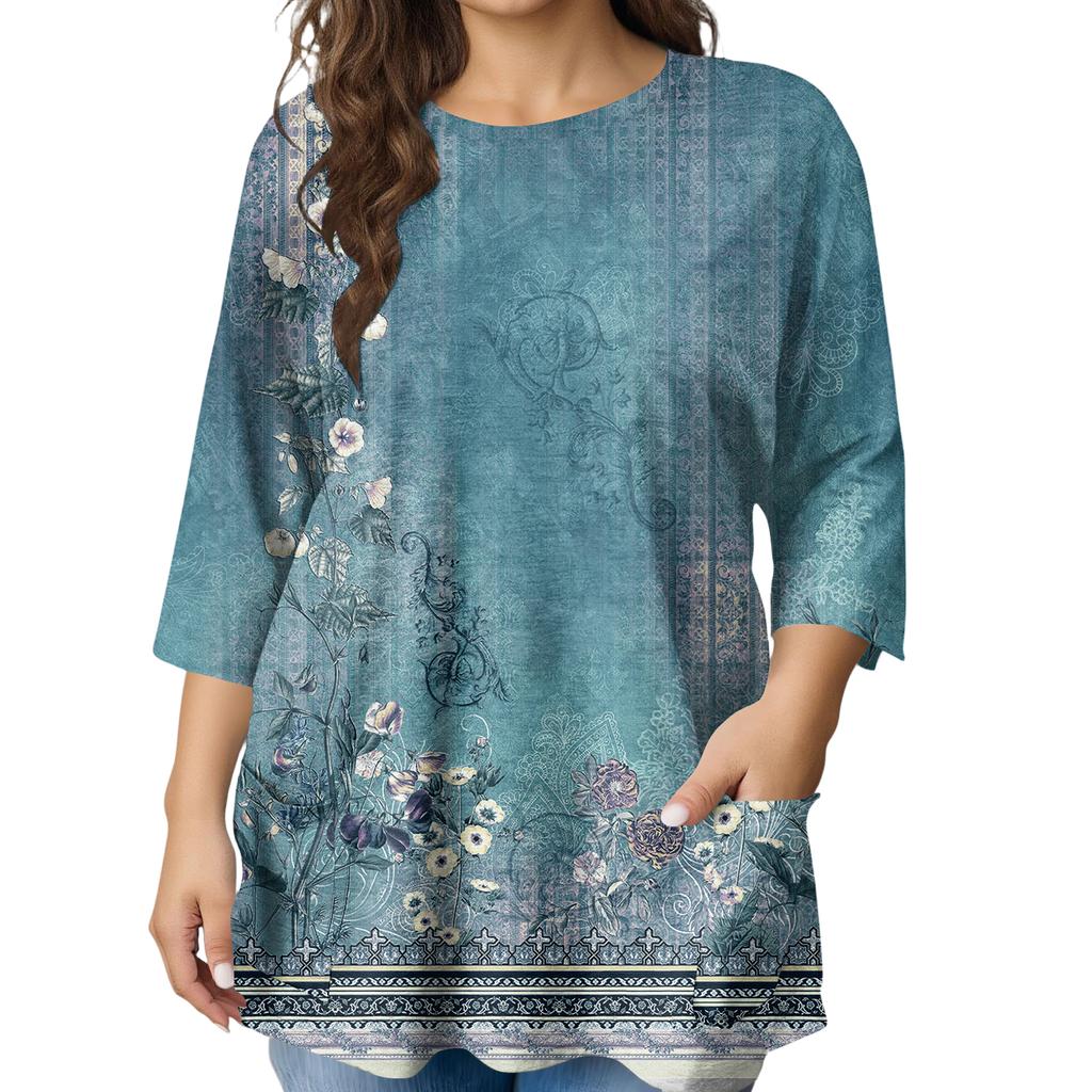 Modeblus för damer, större storlekar, med tryck, kortärmad, för elegant pendling och fritid