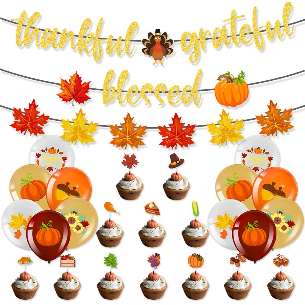 Thanksgiving Decoration Autumn Maple Leaf Pumpkin Flag Balloon Cake Card Set Customization