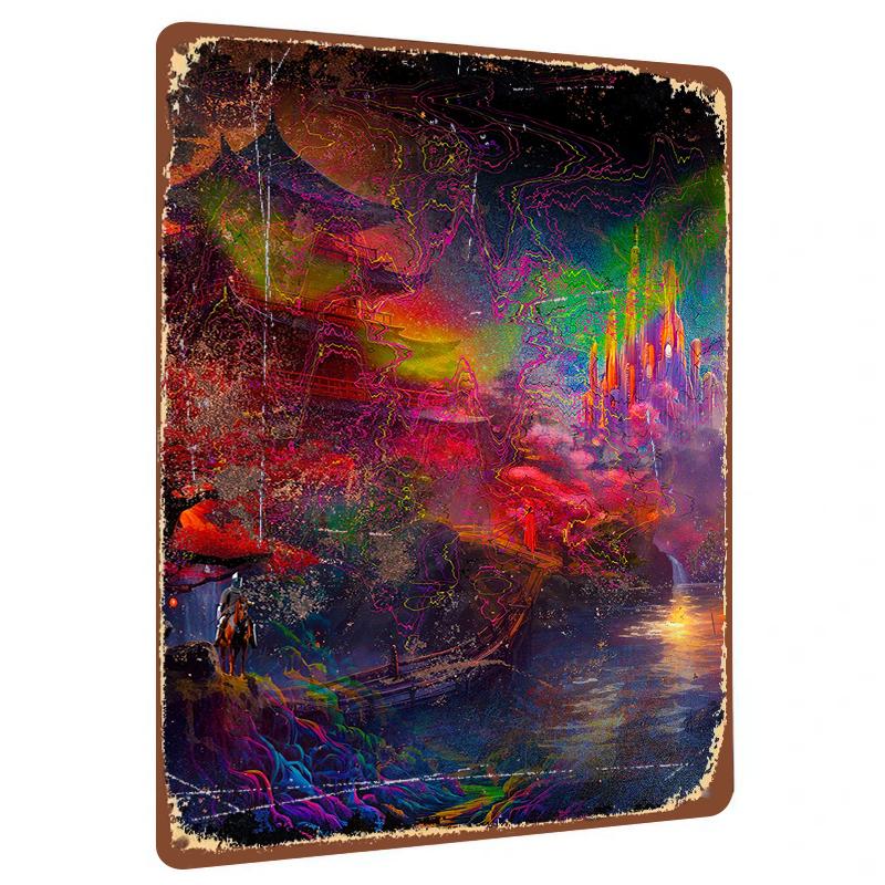 

Vibrant Oriental Mysterious Realm Metal Relief Painting Ancient Architecture Landscape Wall Art Decor 20x30cm（7.8x11.8inch）