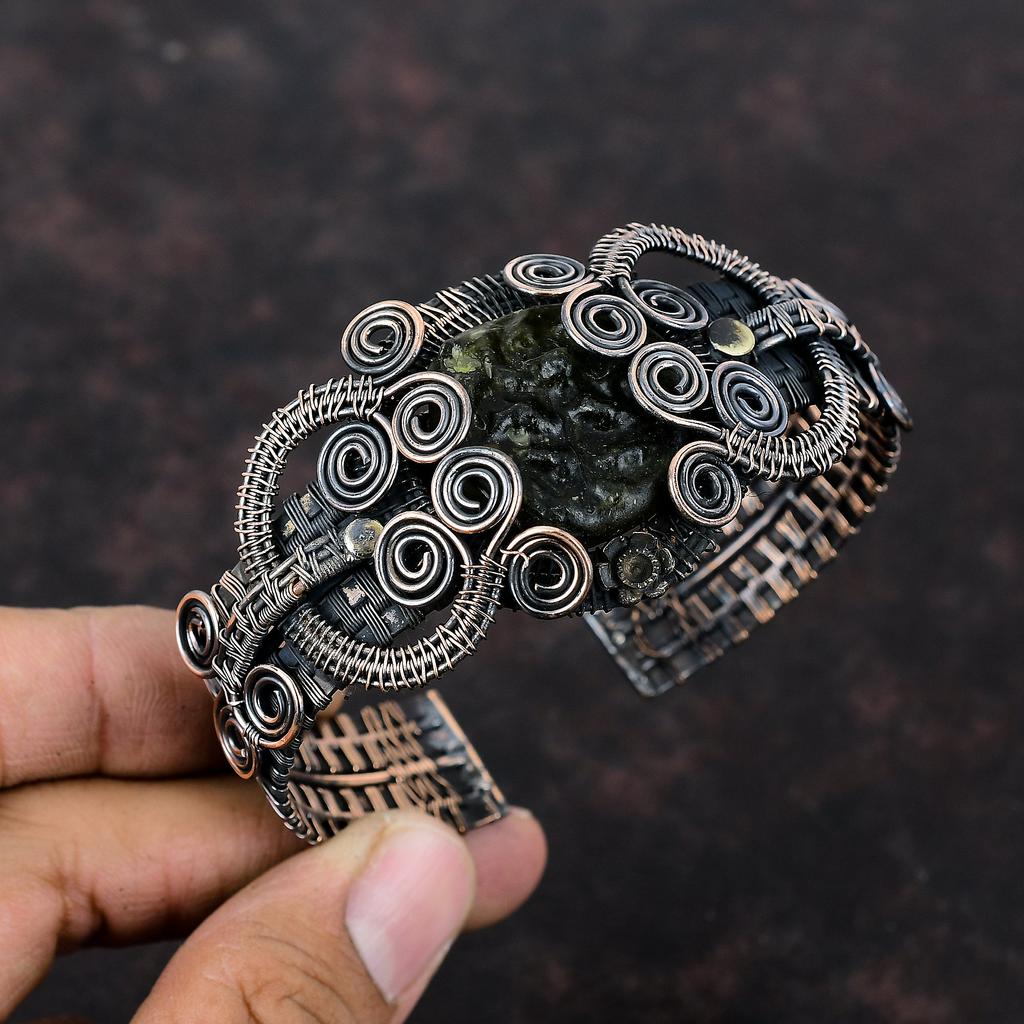 Moldavite Bangle Copper Wire Wrapped Adjustable Cuff Bracelet Handmade Moldavite Jewelry Real Gemstone Cuff Bracelet Copper Bangle For Gift