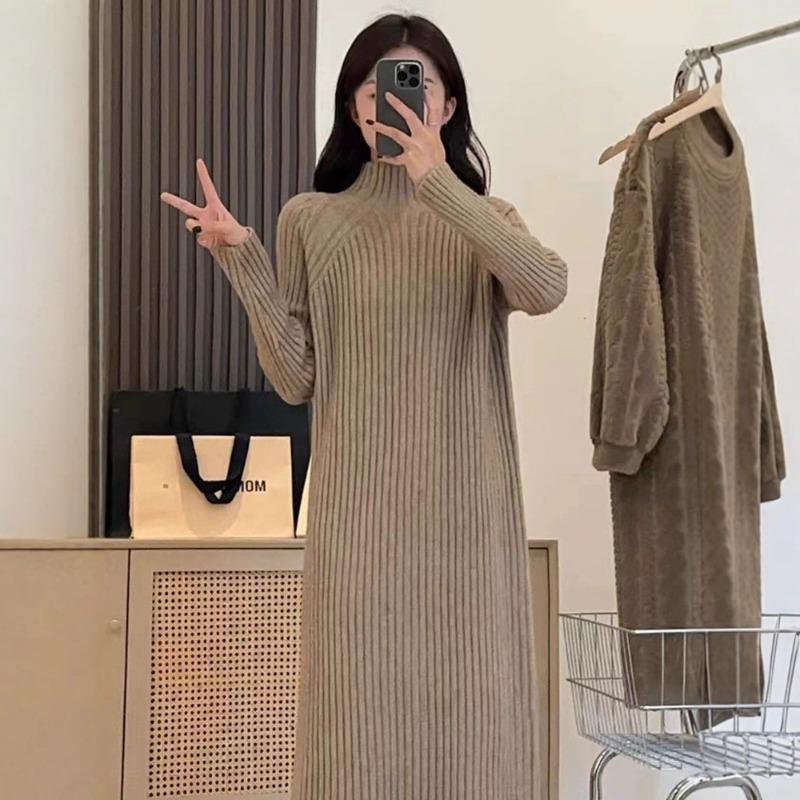 Versatile Semi-turtleneck Knitted Dress Women's Autumn and Winter New Basic Loose and Thin Medium and Long Sweater Skirt
