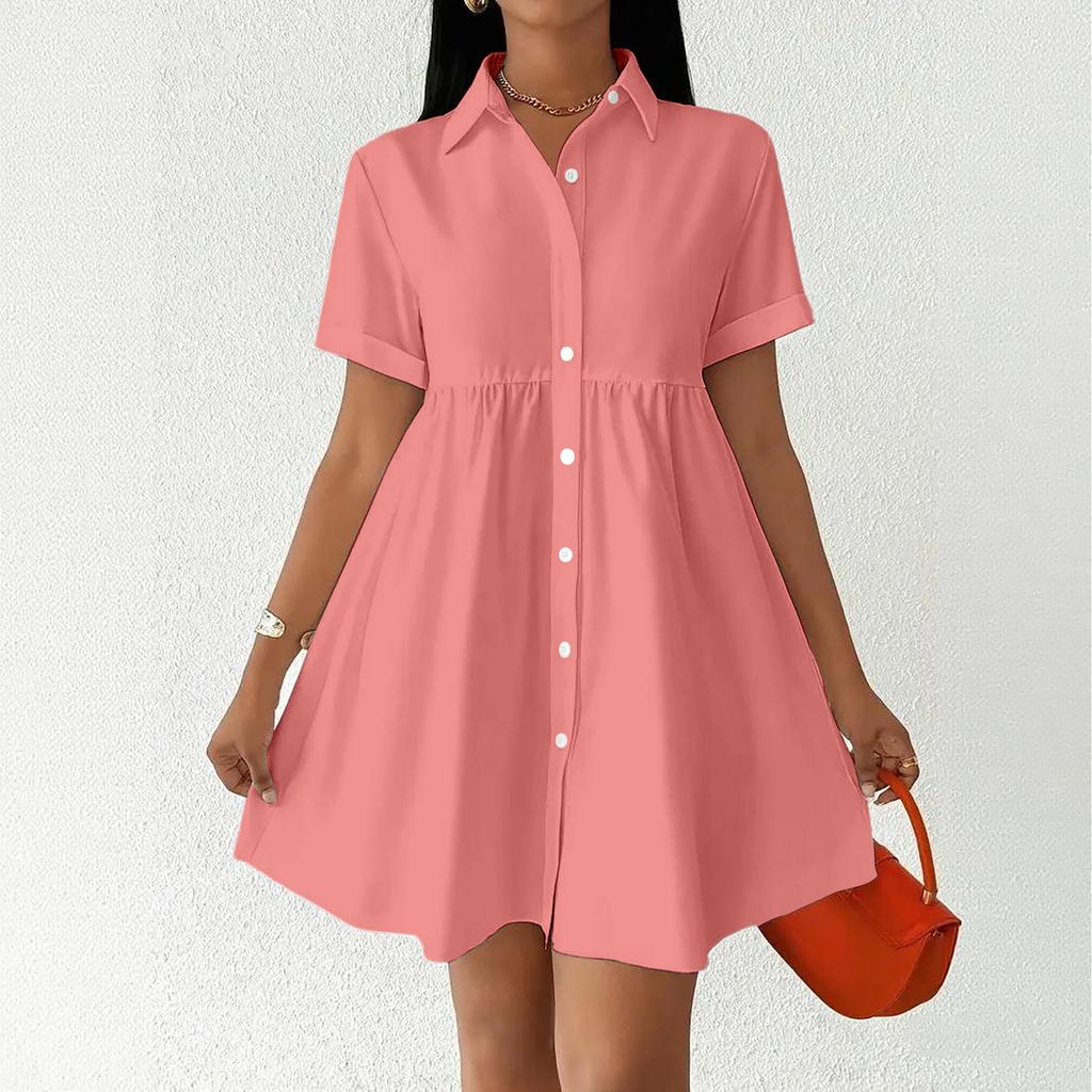 Women Short Sleeve Shirt Dress Button Down Collared Loose Fit Casual Mini Dress with Pockets Summer Style