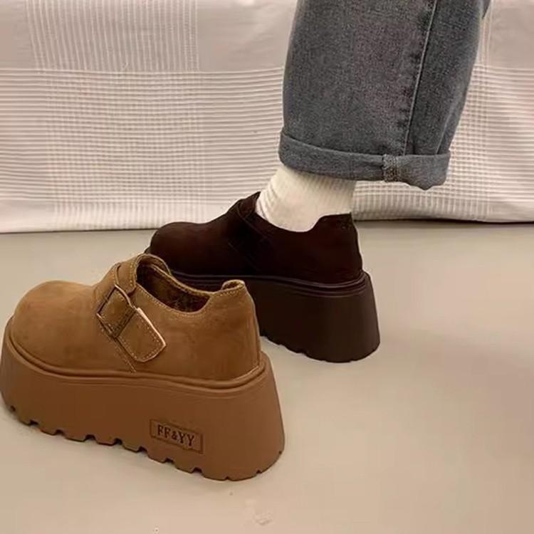 Height increasing thick soled Boken shoes for women 2026 new style big head versatile loafers with plush single shoes