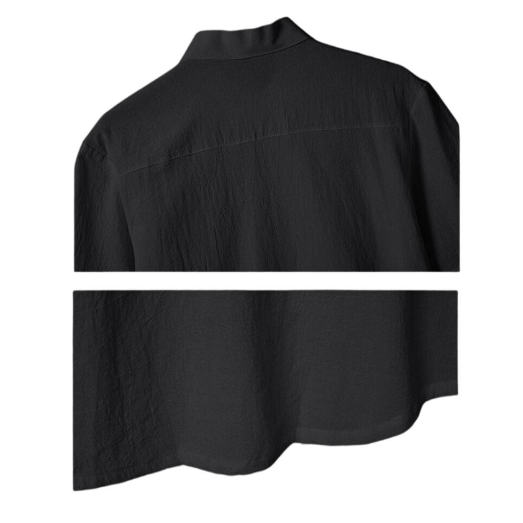 Men's Cotton-Linen Casual Short-Sleeve Shirt - Stand Collar, Pocket, Color, Button - Down, Breathable