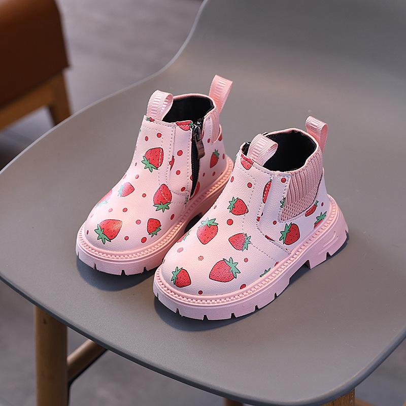 

Cute Strawberry Girls Boots Fashion School Causal Children Leather Shoes Versatile Non-slip Kids Platform Ankle Boots Non-slip 25