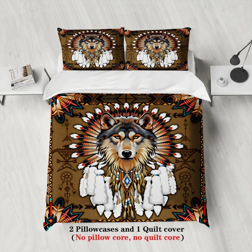 3pcs Brown Wolf Bedding Sets Comforter Not Included 3D Printed Dream Catcher Gifts For Teen Boys Bedroom Soft Duvet Cover
