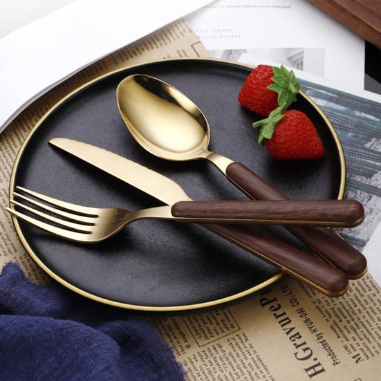 Tableware Solid Rust-Proof Faux Wood Handle Stainless Steel Spoon k Knife Household