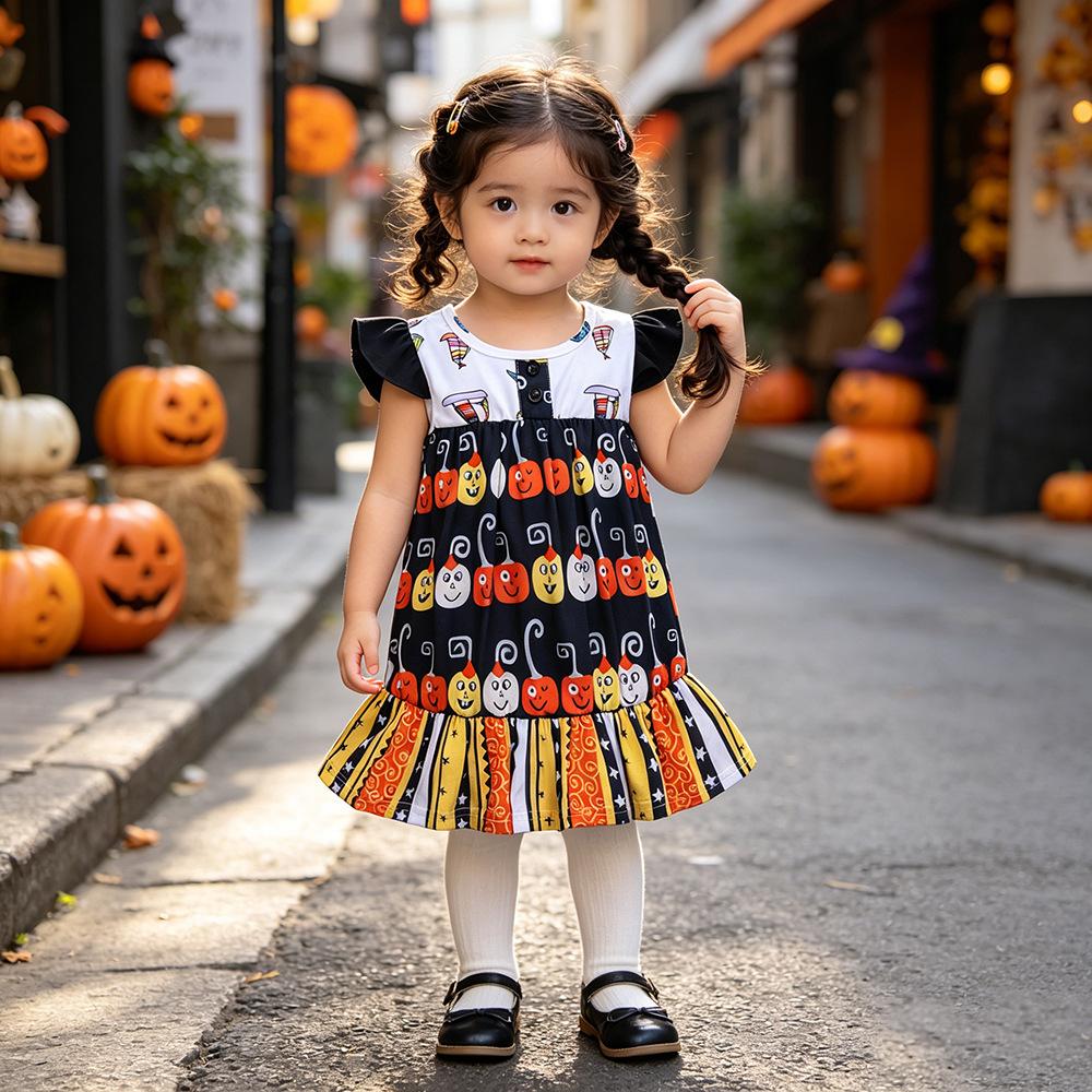 Girls Pumpkin Print Dress Princess Sleeveless Summer Dress for Kids
