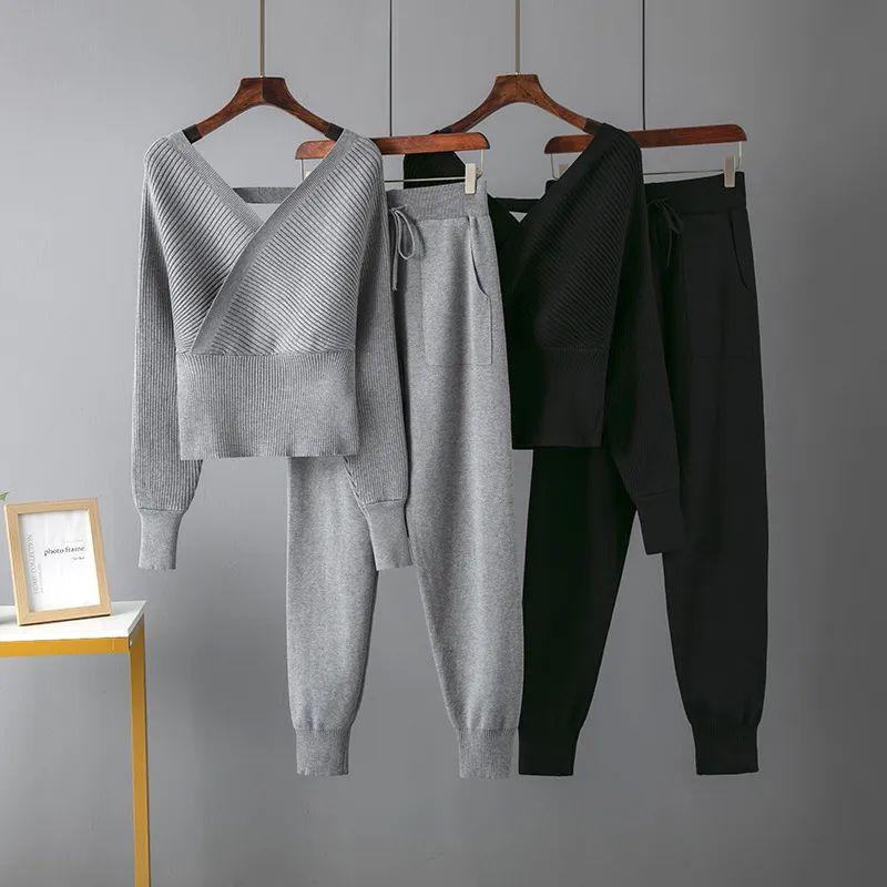Cross-Border Set Autumn New Amazon Sexy V-neck Sweater + Leisure Sweat pants Two-piece Set Women