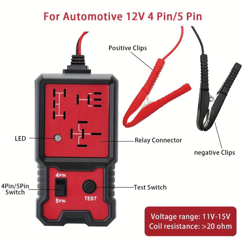 12V Automotive Relay Tester - Durable Automotive Test Tool with Battery Clip for 4- and 5-pin Relays, Automotive