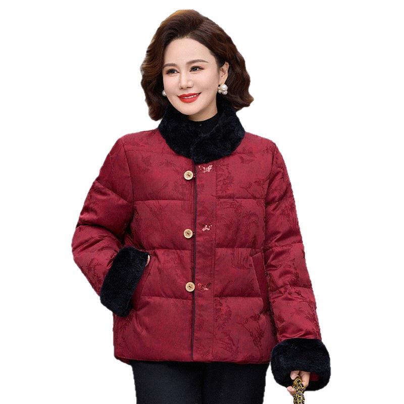 Plus-Thick Cotton-Padded Winter Jacket for Middle-Aged and Elderly Women with Stand-Up Collar