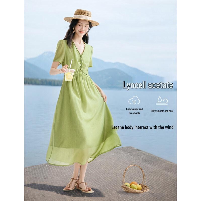 XWI Women s Lyocell Acetate V-Neck Drawstring Midi Dress L