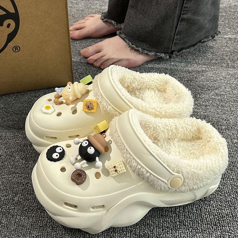 New velvet hole shoes women's winter non-slip outer wear cotton shoes heightened thick-soled home removable cotton slippers