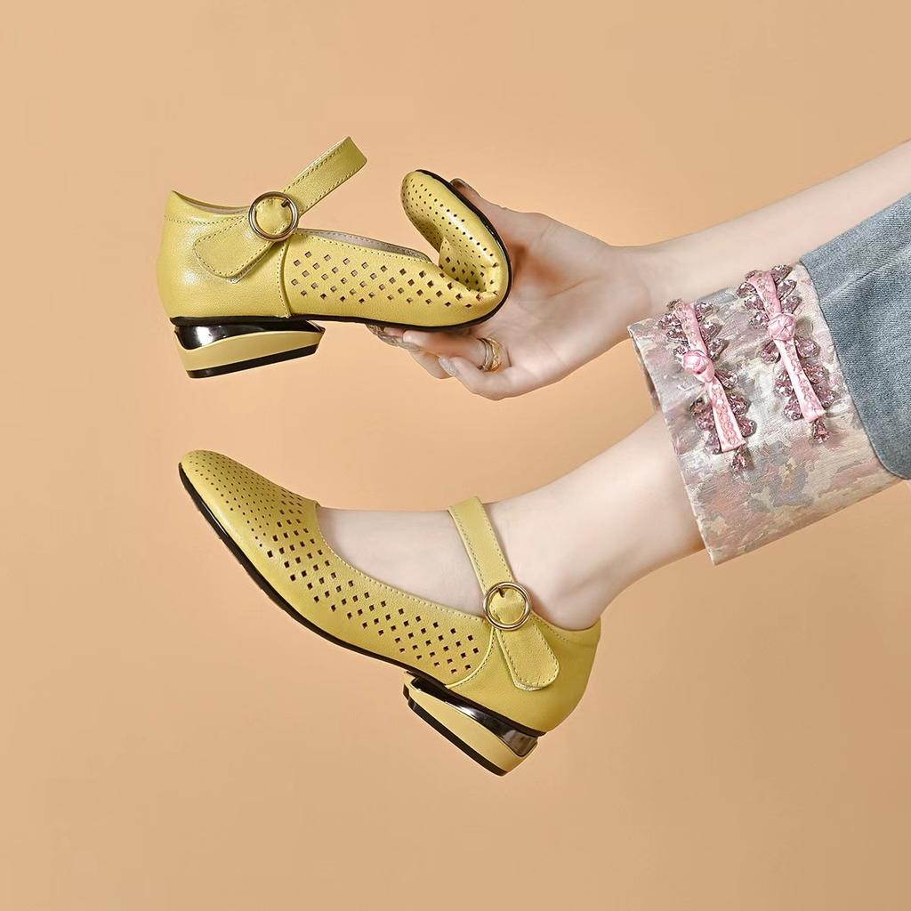 Round Head Women's Spring and Summer New Shallow Mouth Word with Low Heel Mary Jane Shoes Flat Bottom Hollow Women's Single Shoes