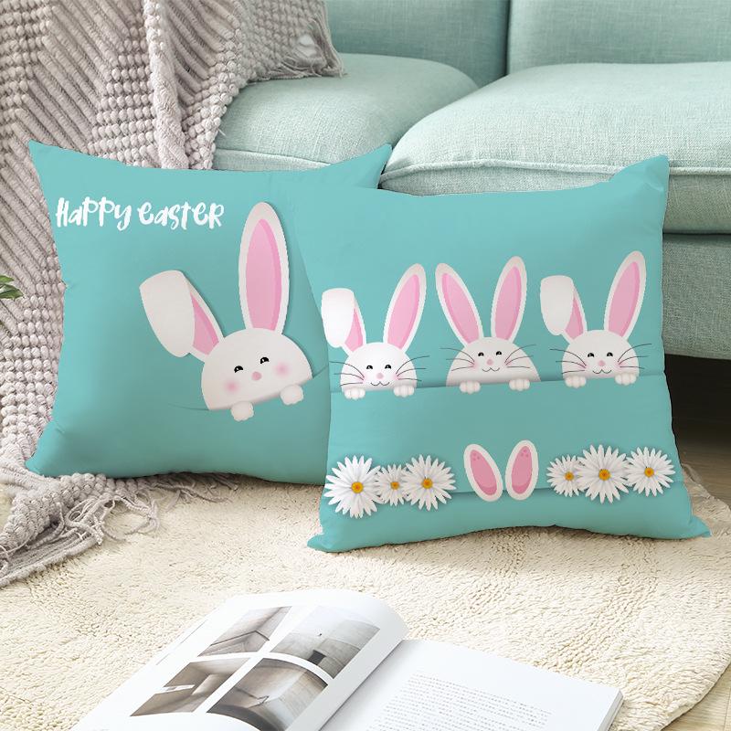 Easter Peach Velvet Cushion Cover Lake Blue Series Rabbit Egg Print Cushion Cover