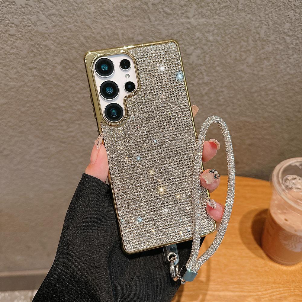 Custodia Lussuosa in Pelle con Diamanti Bling per Samsung S25 Ultra S24 Plus S23 S22 S21 S25U Copertura Protettiva con Glitter Bling Tracolla