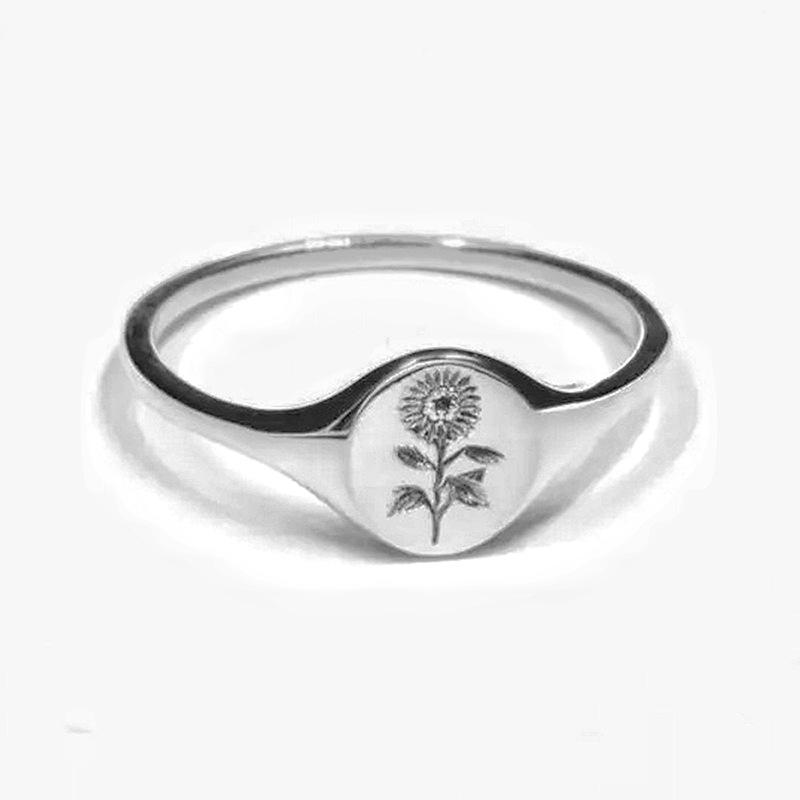 Simple Floral Niche Design Ring, Seal Sunflower Pattern Ring, Small Fresh Male And Female Index Finger Ring