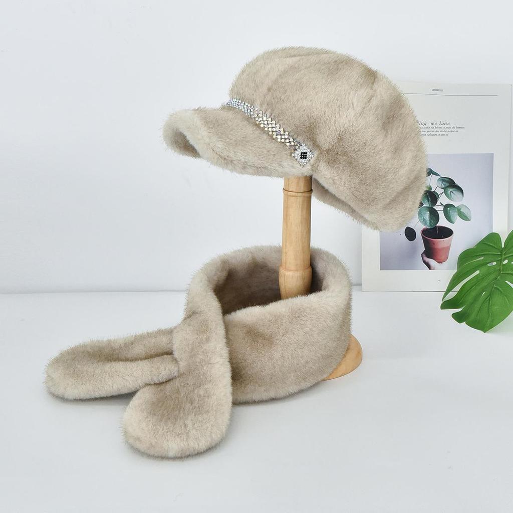 Luxury Faux Mink Fur Beret with Visor for Women, Winter Hat&Scarf Set,Outdoor Peaked Beret with Rhinestone Embellishment