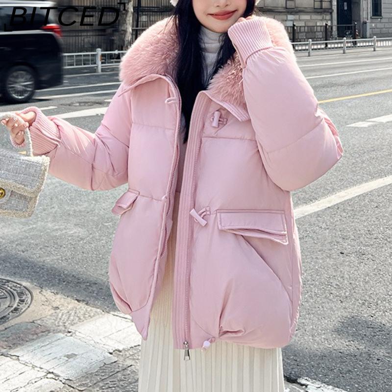 BITCED Women's Short Down-Filled Cotton Jacket with Oversized Fur Collar - Winter Fashion Coat