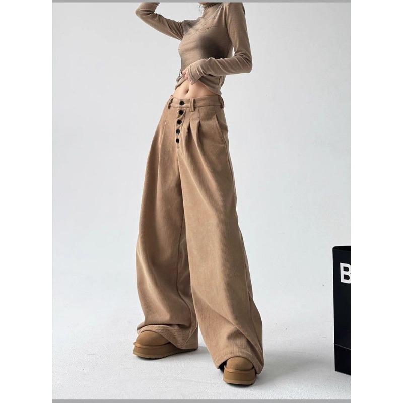 American Retro Design Casual Pants for Women New Drapey Buttoned Loose Wide-leg Floor-length Trousers