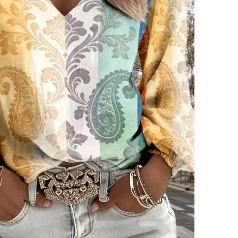 Lady Bohemian Retro Western Style V-Neck Shirt - Lantern Sleeve Top, suitable for casual outfits and vacation wear. Regular fit without stretch.