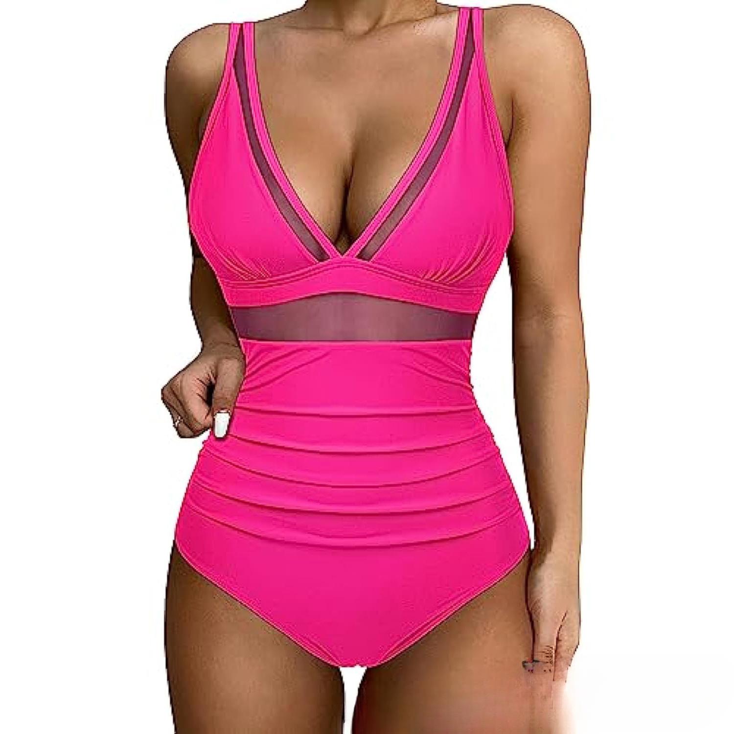 

Женский купальник, черная сетка, сексуальное бикини с открытой спиной, цельный купальник для женщин, пляжная одежда, купальные костюмы XXL розовый