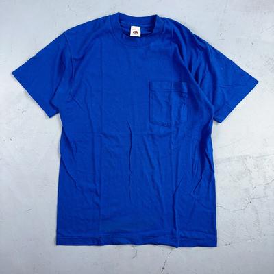 FOTL Blank 90s VTG T Shirt USA Pocket Blue Basic Simple Single Stitch Selvedge