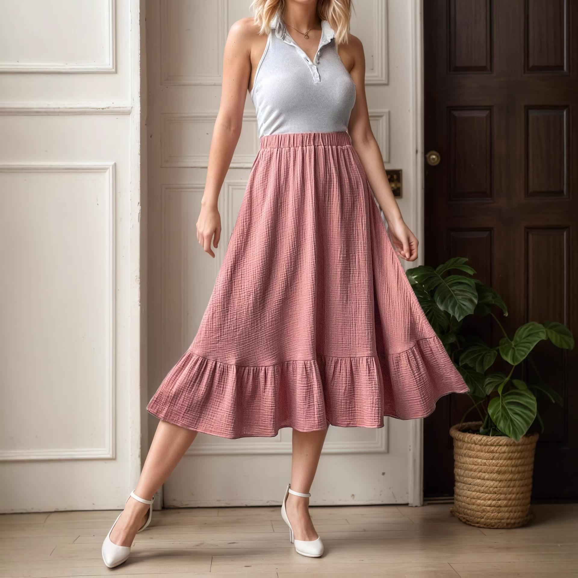 Women s summer high-end pink high-waist layered pleated drape medium-length dress A-word fashionable and elegant skirt XS