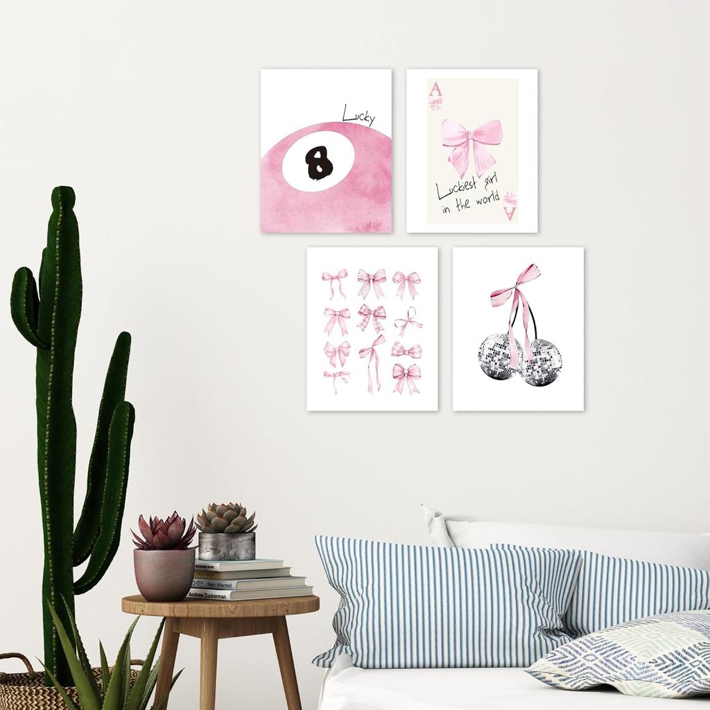 Set Of 4 Coquette Bow Print Poster - 8 x 10 Inch Pink Bow Disco 8 Ball Cherry Wall Painting Poster For Teen Girls- Preppy Room Decor Aesthetic Wall