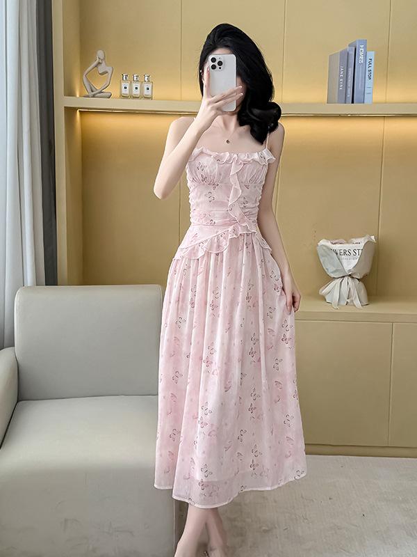 Summer Butterfly Floral Ruffle Camisole Dress – Slim Fit