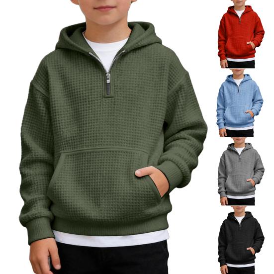 Waffel-Kapuzenpullover für Jungen, Viertelreißverschluss, Kapuzenpullover, Kinder, Langarm, Strickpullover, Oberteile mit Tasche für Teenager und Kinder, 3-14 Jahre