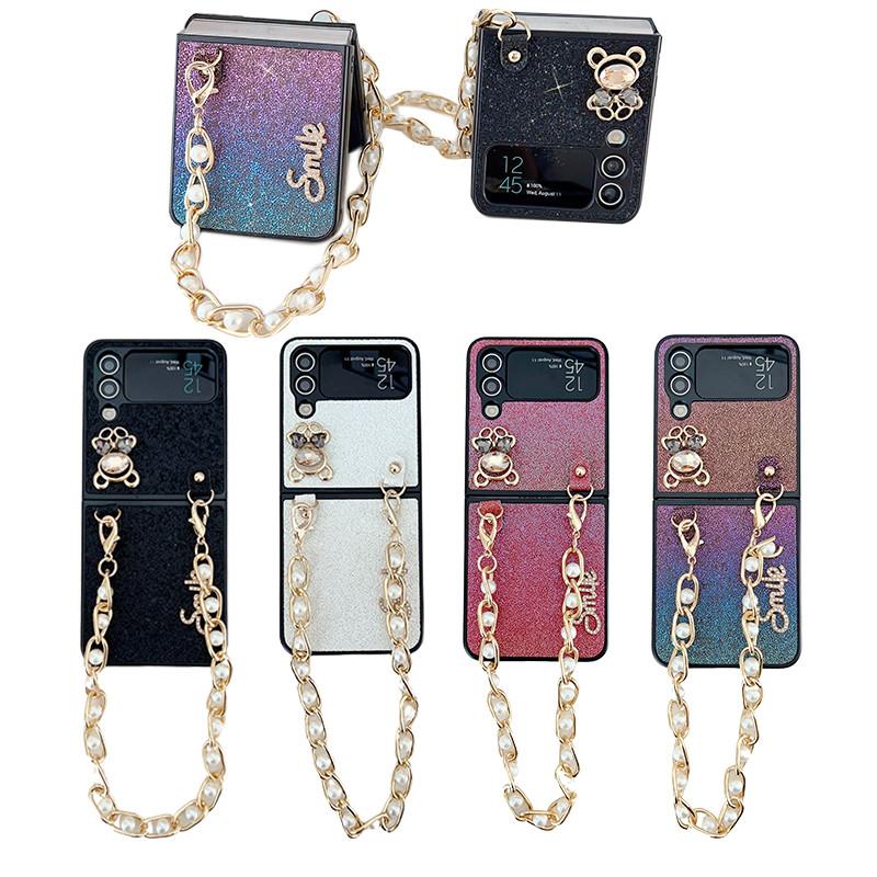 Luxury Cute Bear Glitter Pearl Short Chain Case for Samsung Galaxy Z Flip 4 Case 5G for Galaxy Z Flip3 Shockproof Cover