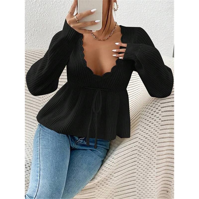 Women's Hollow Out Knitted Sweater Spring Autumn Sexy Deep V Lace Up Pullover Tops Solid Long Sleeve Knitwear Sweater Femme